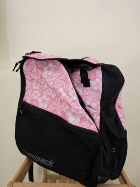 Transpack ice Skate / rollerblade Backpack bag. Pink hibiscus flowers.